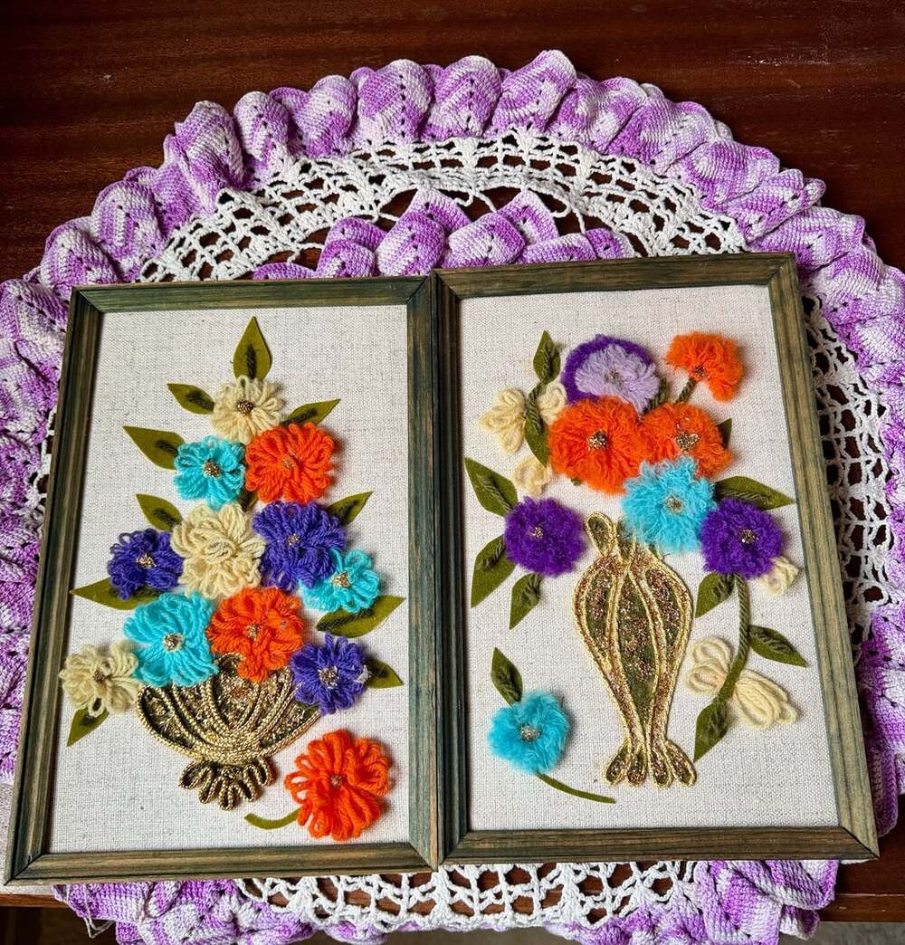 Vintage Framed Yarn Art Floral Arrangement Pair